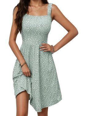 Women's Green A-line Floral Summer Sleeveless Square Neck Dresses with Pockets